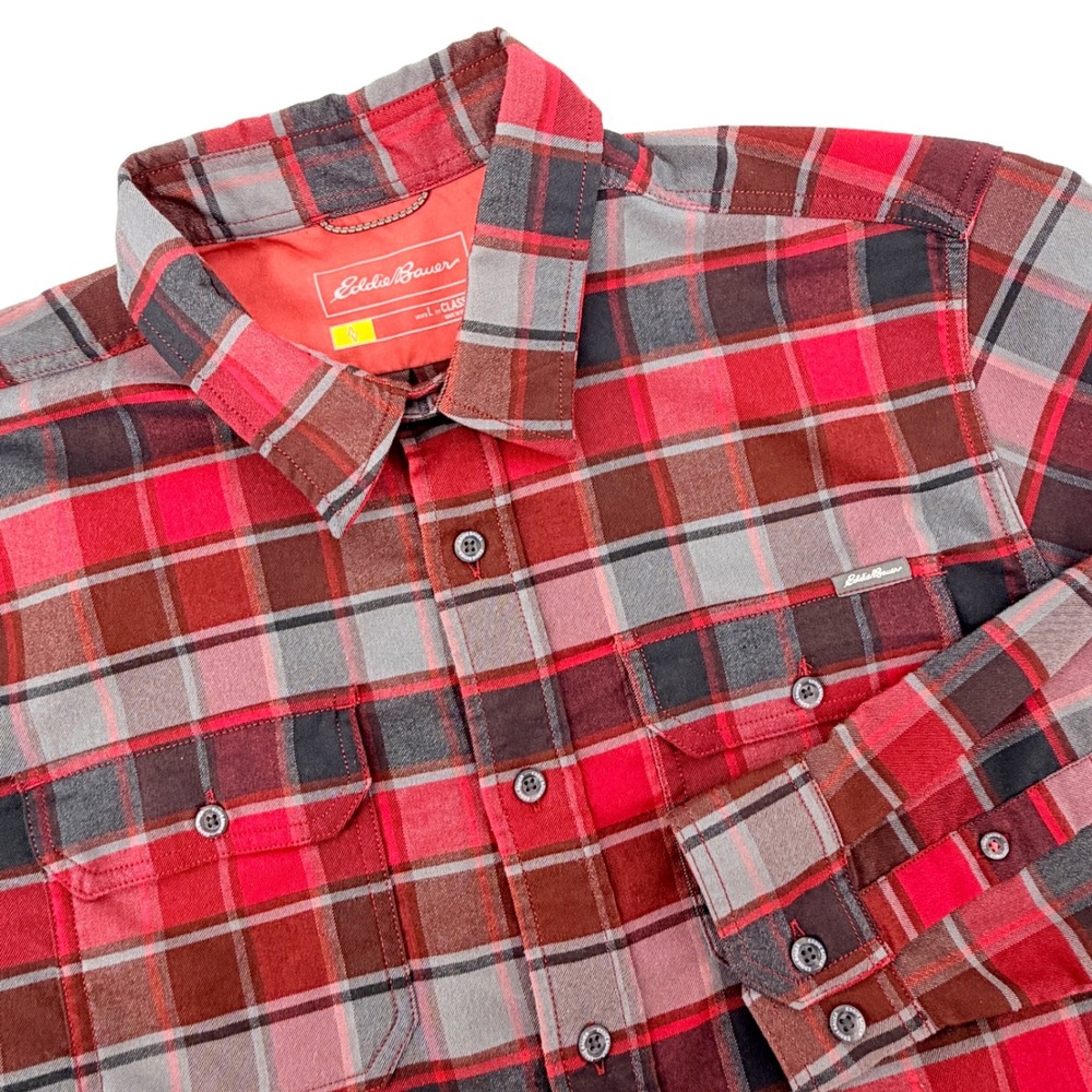 Eddie Bauer Button Down Mens Large Red Plaid Classic Fit Outdoor Shirt
